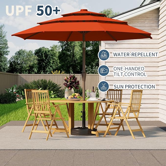 9FT 3 Tiers Patio Umbrella With Auto Tilt And Crank, Outdoor Table Market Umbrella with 8 Sturdy Ribs for Garden, Lawn, Deck, Backyard and Pool