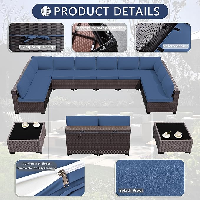 Outdoor Patio Furniture Set, 14 Pieces Outdoor Sectional Furniture Patio Sofa, All-Weather PE Rattan Patio Conversation Set with Tempered Glass Top Table & Cushions(Dark Blue).