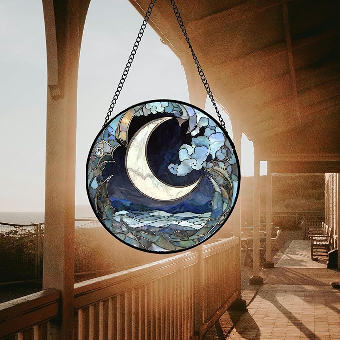 JOSUMALY Stained Glass Window Hanging - Abstract Sea of Clouds Moon Sun Catcher for Door Terrace Garden Home Decor, Gray Blue Suncatcher Birthday Gifts for Lovers Women Men Dad Mom Nana 9.8 in