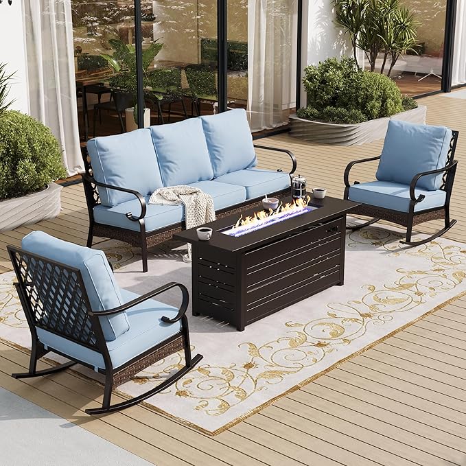 SUNSHINE VALLEY 4 Piece Black Metal Outdoor Patio Furniture Sets with Firepit Table, Patio Conversation Sets 1 3-Seater Sofa, 2 Rocking Sofa with 5.75" Thick Cushion Backyard Furniture for Deck, Blue