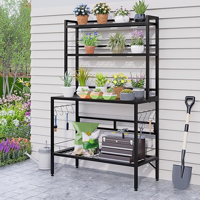 63" H Outdoor Metal Garden Potting Bench&Table with Metal Tabletop, 4-Tier Plant Shelf Rack, 8 Side Hooks, Outdoor/Indoor Gardening Workstation and Plant Stand, Black