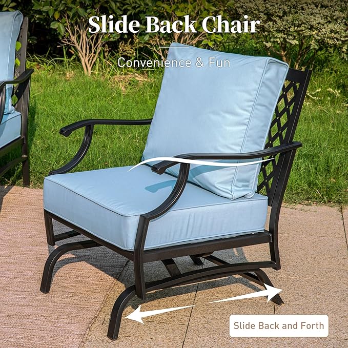 SUNSHINE VALLEY 5 Piece Metal Outdoor Patio Furniture Set with Fire Pit Table, Patio Conversation Sets 4 Rocking Chairs with 5.75" Thick Cushion and 5000 BTU Fire Pit Table, Backyard Furniture, Blue
