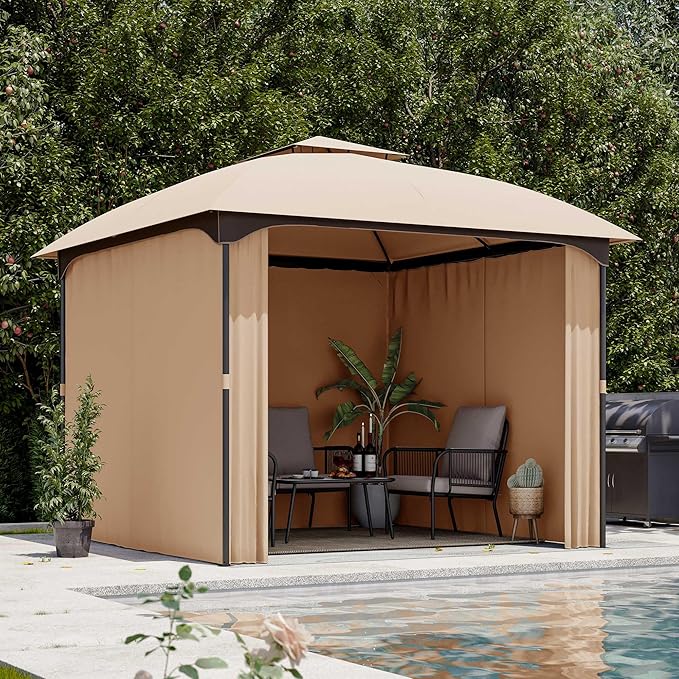 LAUSAINT HOME Patio Arc Gazebo Outdoor Canopy Tent 10'x10', Party Tent Shelter with Curtains, Expansion Bolts & Wind-Resistant Ropes for Patio, Garden, Backyard, Lawn (Khaki)