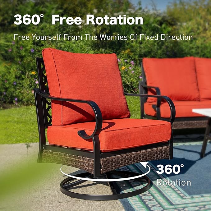 SUNSHINE VALLEY 4 PCS Metal Outdoor Patio Furniture Set, Patio Conversation Sets 3-Seater Sofa, 2 Swivel Chairs with 5.75" Extra Thick Cushion & Coffee Table, Black Frame Backyard Furniture, Rust Red