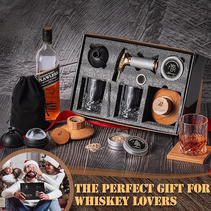 Woody Flavors At Home Old Fashioned Cocktail Smoker Kit for Whiskey, Bourbon, and Drinks with Cherry Smoker, Natural Wood Chip Flavors, Culinary Torch, Ice Cube Spheres, 2 Coasters, 2 Glasses