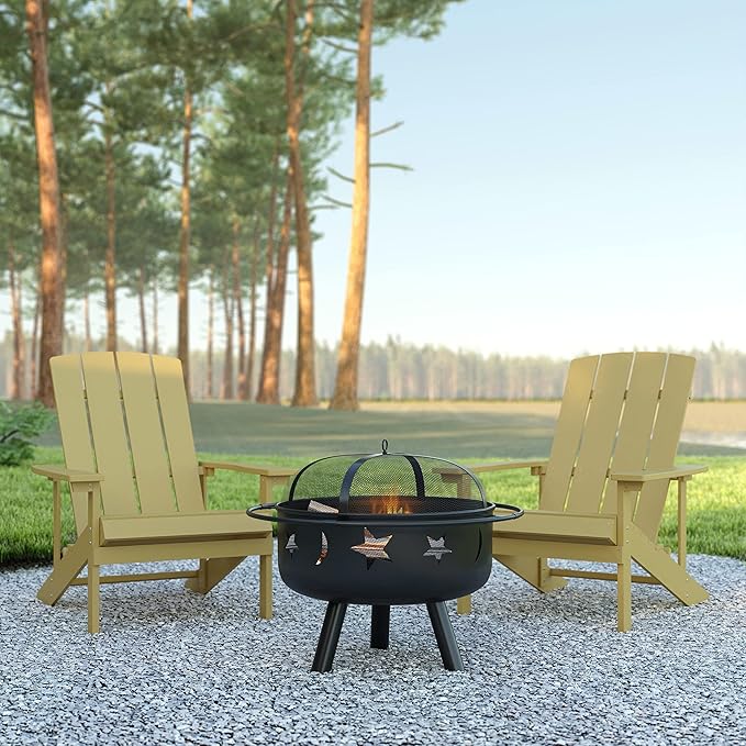 EMMA + OLIVER Campfire Set - Two Yellow Poly Resin Adirondack Chairs - 29" Star and Moon Fire Pit with Mesh Cover - Weather Resistant - Wood Burning Fire Pit