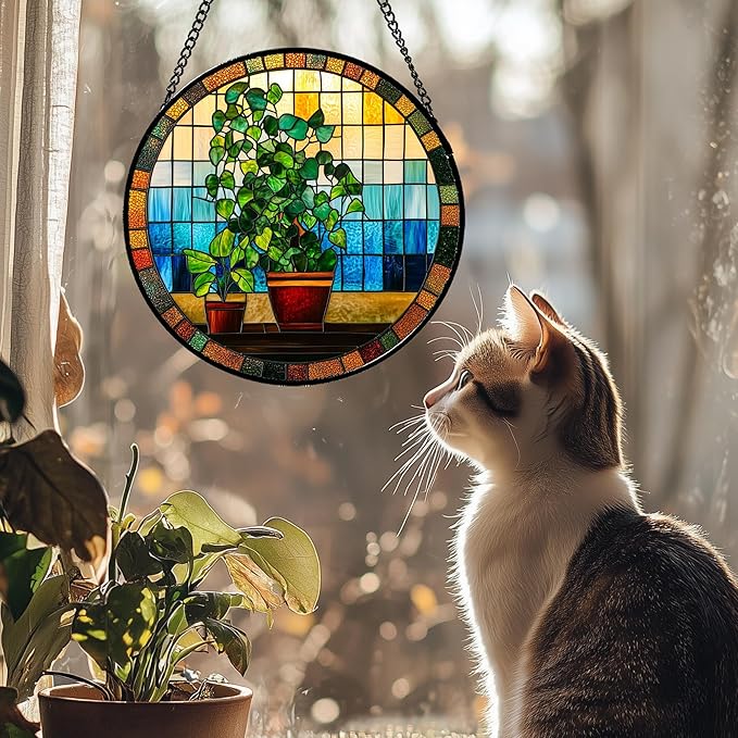 QZQCBLC Stained Glass Window Hanging Green Potted Plants 7.8" - Suncatcher Door Garden Sun Catcher Retro Home Decor Birthday Christmas for Mom Men Woman Nana Friend