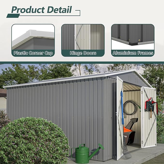 Favfurish Heavy Duty Outdoor Storage Shed, Metal Garden Shed with Sloped Roof, Lockable Doors, Black