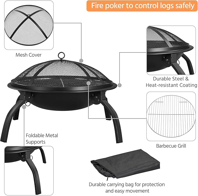 Yaheetech 21inch Fire Pit Portable Folding Steel Fire Bowl Garden Treasures Fire Pit for Outside Fireplace with Carrying Bag, Spark Screen, BBQ Grill & Log Grate for Patio Backyard Camping Bonfire