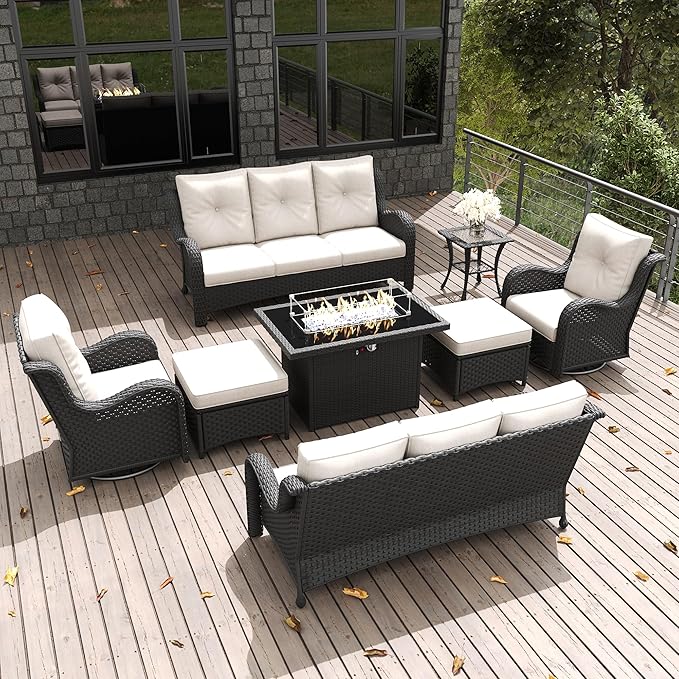 LayinSun 8 Pieces Outdoor Patio Furniture Set with Fire Pit Table, Rattan Wicker Sectional Swivel Rocker Chairs Sets with Ottomans, Swivel Glider Chair and Coffee Table