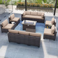 Kurapika 13 Pieces Patio Furniture Set, Rattan Wicker Outdoor Conversation Sets w/43in Propane Fire Pit Table and 4 Inch Cushion(Sand)