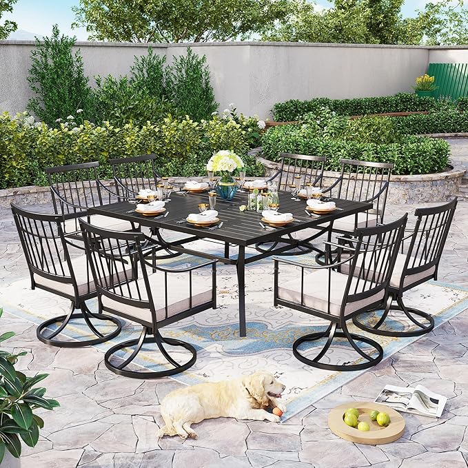 Sophia & William 60" Large Outdoor Patio Table for 8, Outdoor Square Metal Dining Table with 1.9" Adjustable Umbrella Hole, All Weather Wrought Iron Furniture Black Table for Garden Deck