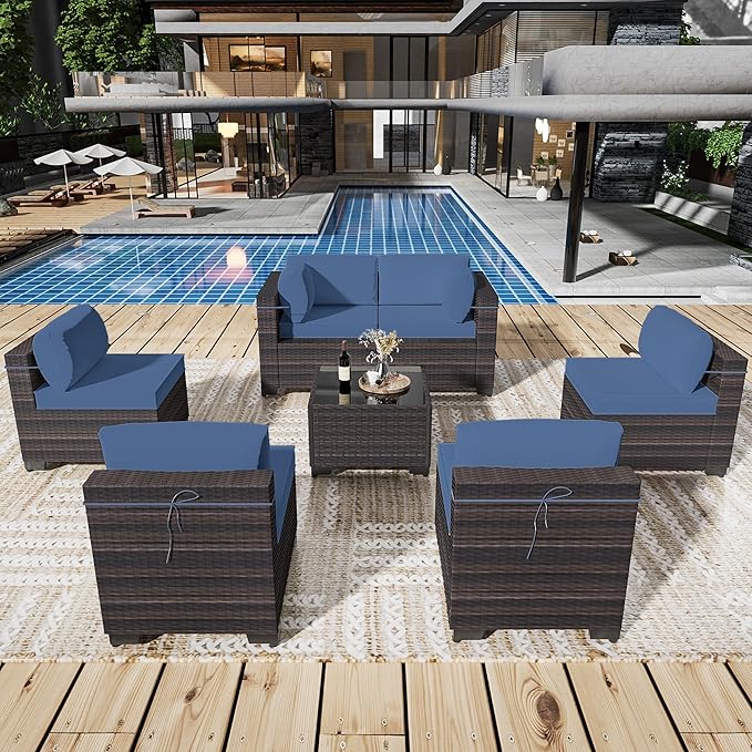 Outdoor Patio Furniture Set, 7 Pieces Outdoor Sectional Furniture Patio Sofa, All-Weather PE Rattan Patio Conversation Set with Tempered Glass Top Table & Cushions(Navy Blue).