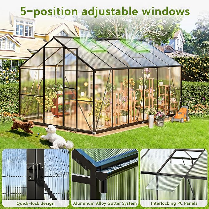 Wanan 12x8FT Greenhouses for Outdoors, Quick Assembly Polycarbonate Green House with UV Protection, Heavy Duty Windproof Aluminum Frame, Adjustable Roof Vent for Backyard or Outdoor Garden Use