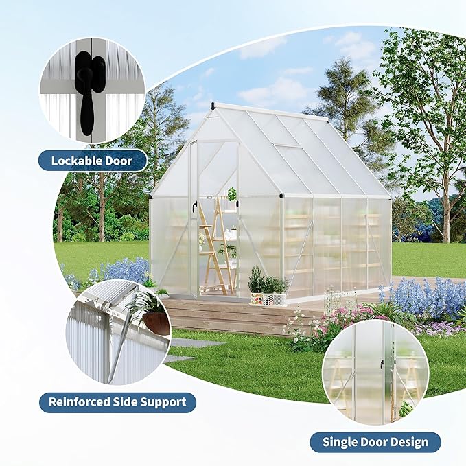 GAOMON 6x7 FT Outdoor Greenhouse with Roof Vent, Heavy Duty Aluminum Polycarbonate Greenhouses, Easy Assembly, Lockable Door, Large Walk-in Greenhouse for Patio, Backyard, Garden