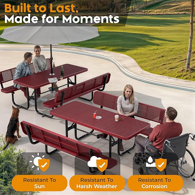 Commercial Heavy-Duty Metal Picnic Table with Backrest - ADA Compliant, Adjustable Seats, Umbrella Hole, Expanded Metal (Red, 6' Rectangular with Back)