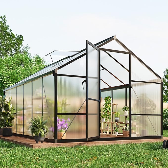 8x12 ft Greenhouse for Outdoors, Polycarbonate Greenhouse with Roof Vent, Ground Nails, Lockable Push Door, Aluminum Large Walk-in Green House for Outside Garden Backyard, Patio, Lawn, Black
