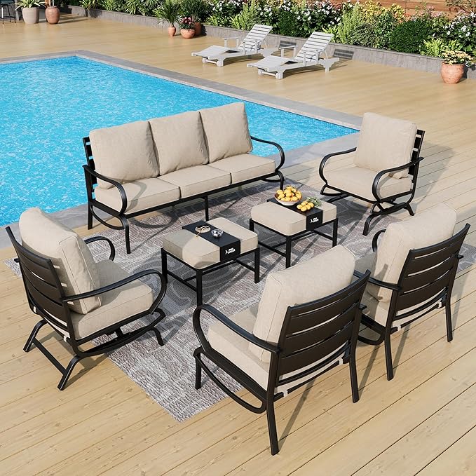 PHI VILLA 7 PCS Outdoor Patio Furniture Set with 2*C-Base Chairs, 1 * 3 Seater Padded Deep Seating Bench Sofa, 2*Padded Armrest Leg Chairs and 2*Metal Cushioned Ottoman for 7 Person