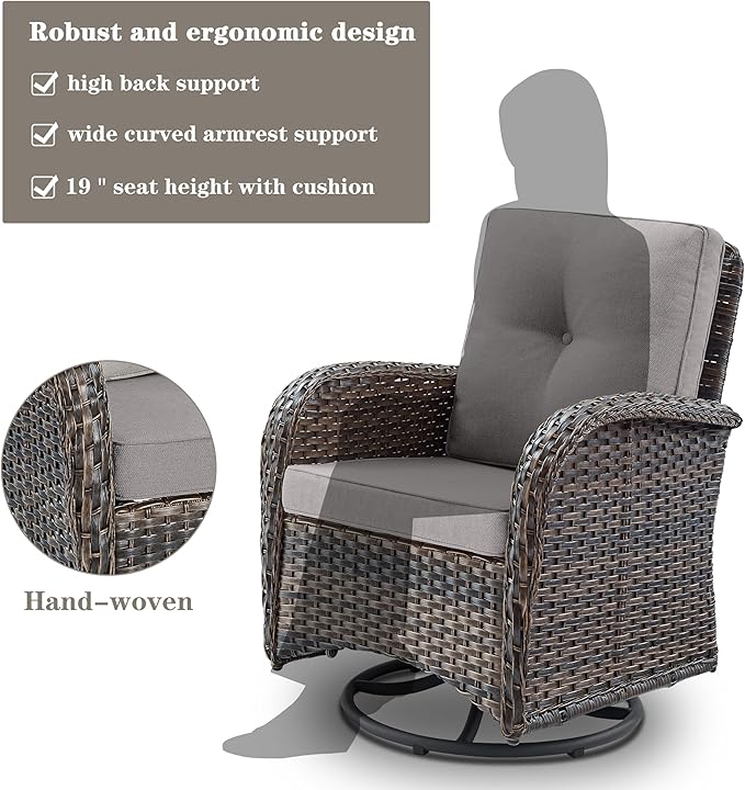 Patio Furniture Swivel Glider PE Wicker Chairs, Outdoor Swivel Rocker Seating with Cushions for Porch Deck Balcony, Brown/Gray