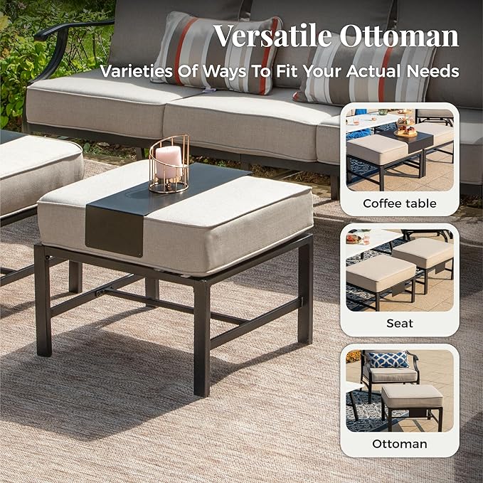 Patio Furniture Set, 6 Pcs Metal Outdoor Conversation Set, 2 Single Chairs, 2 Ottomans and 3 Seater Sofa with 5.75" Extra Thick Cushion and Gas Fire Pit Table, Beige