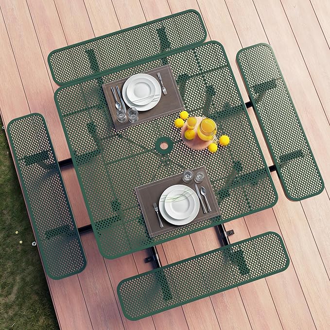Metal Picnic Tables for Outdoors with Umbrella Hole - Coated Steel Heavy Duty Commercial Grade Furniture with Adjustable Seats (Green, 46 in, Square, Punched Steel)