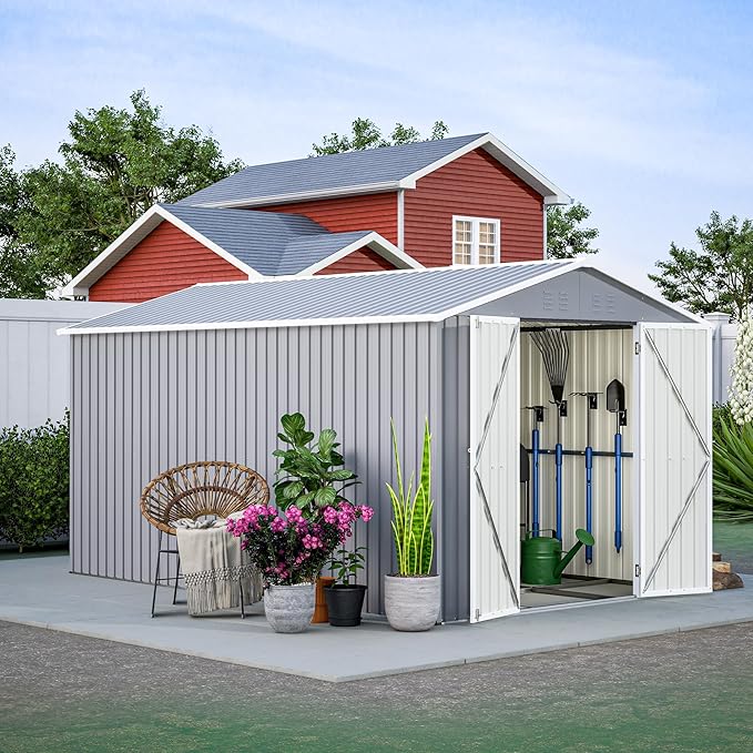 8 * 12 FT Outdoor Storage Shed with Floor Frame Heavy-Duty Metal Sheds & Outdoor Storage with Vents, Sloping Roof and Lockable Doors Waterproof Garden Tool Shed for Backyard Patio Lawn, Grey