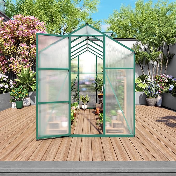 KEIKI Aluminum 6x10 FT Walk-in Polycarbonate Greenhouse, Outdoor Gardening Greenhouse with Raised Base, Roof Vent & Weather-Resistant Panels, Green