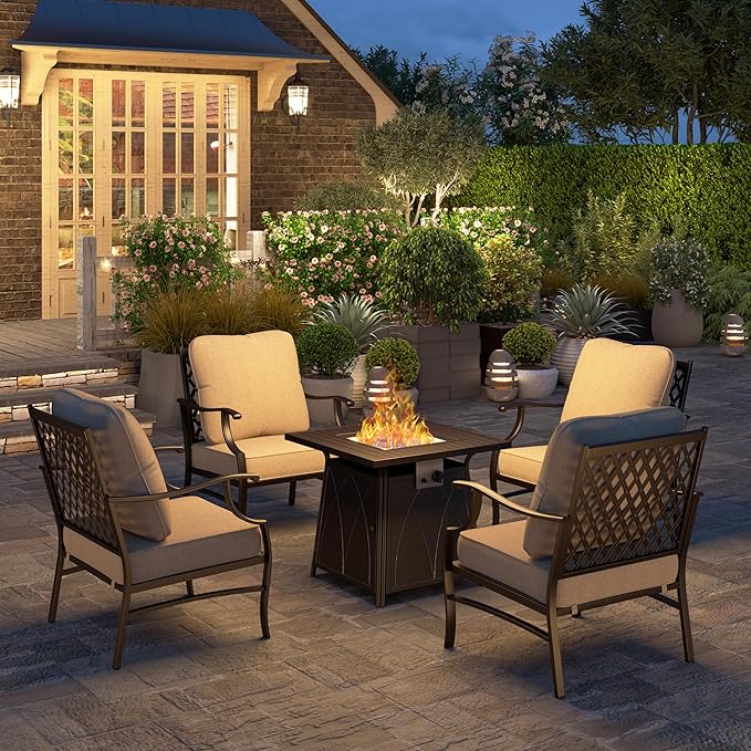 HERA'S HOUSE 5 Pieces Patio Furniture Set with Fire Pit Table, 4 x Thick Cushioned Chairs, 1 x Fire Pit Table (50,000 BTU), All Weather Outdoor Conversation Set for Garden, Backyard, Lawn