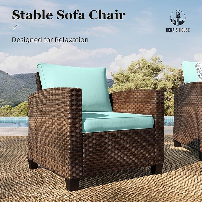 HERA'S HOUSE Patio Furniture Set with Fire Pit, 6 Pieces Outdoor Wicker Furniture, All Weather Patio Conversation Sets with Thick Cushions for Lawn Backyard, Brown/Blue