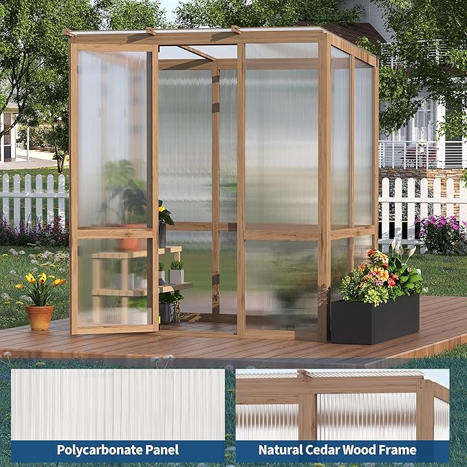 4x6FT Wooden Greenhouse with Cedar Frame, Outdoor Wood Greenhouses with Roof Vent, Wood and Polycarbonate Walk-in Greenhouse