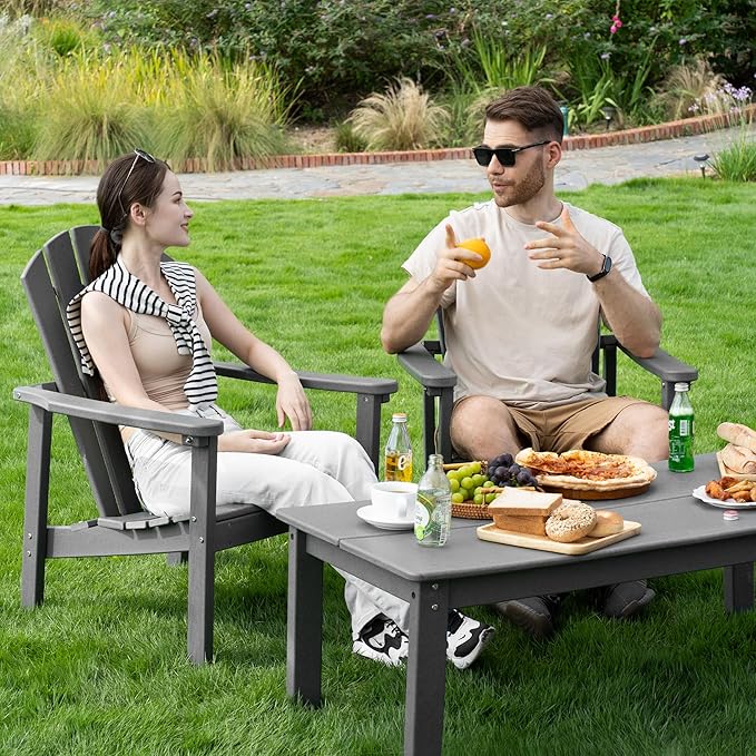 nevilywood Compact Stackable Adirondack Chairs Set of 2, 26.3" Wide HDPE Outdoor Patio Chairs - Durable, Space-Saving Design for Porch, Lawn or Garden, Grey