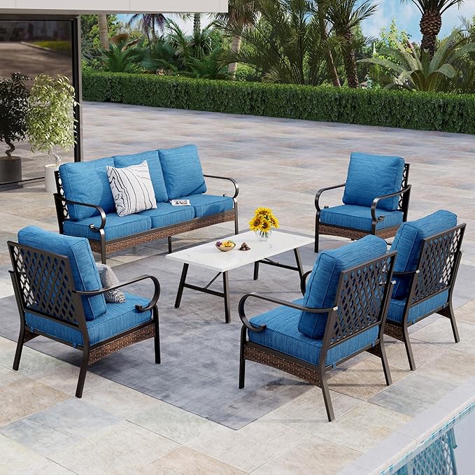 Patio Furniture Set with Coffee Table, Outdoor Conversation Set with 4 x Fixed Chairs, 1 x 3-Seat Sofa for Lawn Garden Backyard, Pacific Blue
