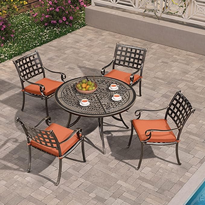 PURPLE LEAF 47" Outdoor Cast Aluminum Round Dining Table with Umbrella Hole Patio Furniture for Backyard Lawn Balcony Deck, Patio Dining Table, Lattice