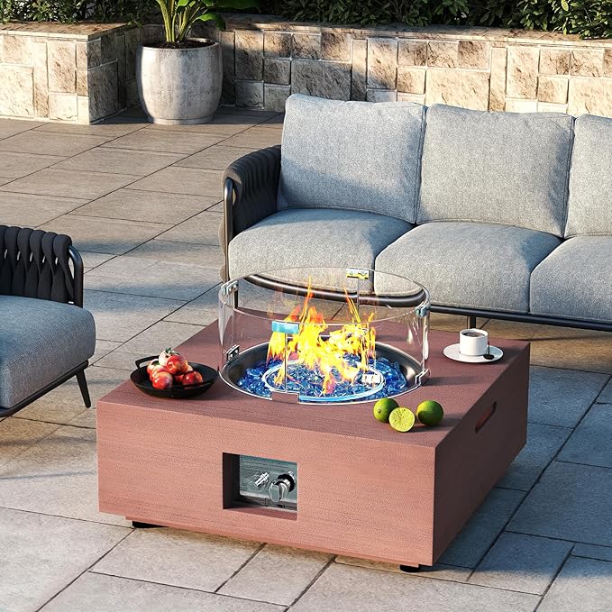 28 Inch Fire Pit Table with Wind Guard 40,000 BTU Propane Gas Fire Pit Table with Glass Rocks for Outside Patio Outdoor Backyard Deck Balcony, CSA Certified