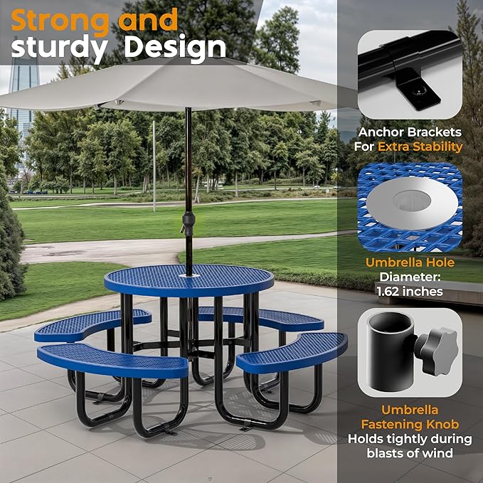 OUTTANS Metal Picnic Tables for Outdoors with Umbrella Hole - Coated Steel Heavy Duty Commercial Grade Furniture Set with Adjustable Seats (Blue, 38 in, Round, Expanded Steel)