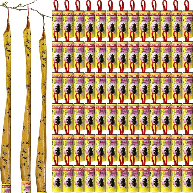 Qualirey 80 Pack Fly Strips Sticky Fly Trap Indoor Outdoor Hanging Fly Ribbon Tape Paper Flying Insect Trap Gnat Killer Traps for Fruit Flies, Bug, Insect, Pest (Yellow)