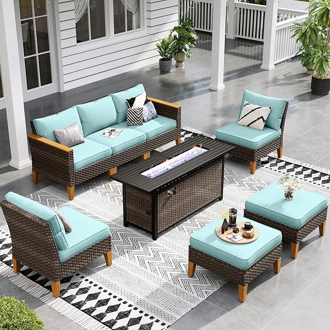 Sophia & William Patio Furniture Set with Fire Pit Table, 8 Piece Outdoor Wicker Furniture Sectional Sofa, Large Patio Rattan Conversation Set with Ottoman & 56" Fire Pit Table(Aqua Blue)