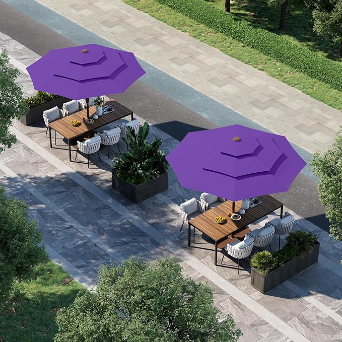 9FT 3 Tiers Patio Umbrella With Auto Tilt And Crank, Outdoor Table Market Umbrella with 8 Sturdy Ribs for Garden, Lawn, Deck, Backyard and Pool