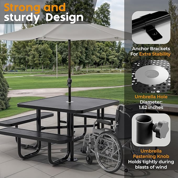 Metal Picnic Tables for Outdoors with Umbrella Hole - Coated Steel Heavy Duty Commercial Grade Furniture with Adjustable Seats (Black, 46 in, Square, Punched Steel)
