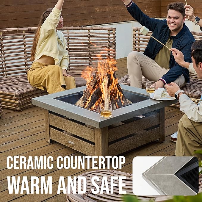 Firepits for Outside，Wood Burning Fire Pit with Wood-Grain Side Panels,Firepit for Outside with Mesh Cover & Fire Poker,Square Modern Outdoor Fireplace Fire Table. (Countryside)