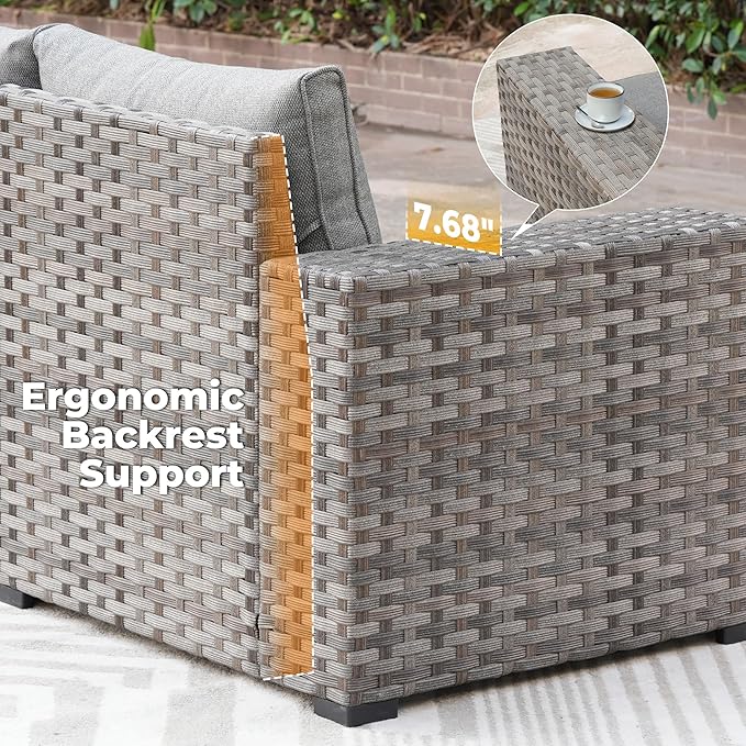 ovios 9 Pieces Patio Furniture Set, Outdoor Wicker Sectional Sofa with 42" Firepit Table Swivel Chair, Modern Modular Deep Seat Rattan Couch Conversation Sets, Dark Grey