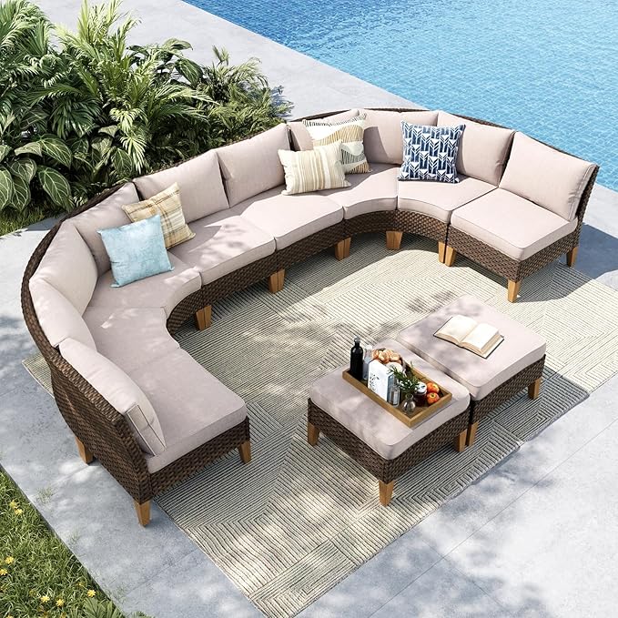 MFSTUDIO 10 Pieces Extra Large Wicker Patio Furniture Set, Rattan Outdoor Conversation Half-Moon Sectional Patio Set, 4 x Curved Couch, 4 x Armless Sofa, 2 x Ottoman(Beige Cushion)