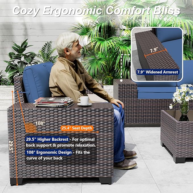 Outdoor Patio Furniture Set, 6 Pieces Outdoor Sectional Furniture High Backrest Patio Sofa, All-Weather PE Rattan Patio Conversation Set with Coffee Table & Cushions(Dark Blue).
