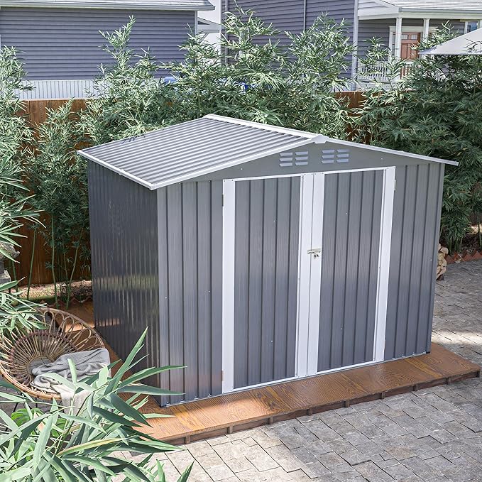 8 x 6 FT Outdoor Storage Shed with Floor Frame,Utility Metal Tool Storage with Lockable Doors,Air Vents & Waterproof Roof, Large Garden Shed for Backyard, Patio Lawn,Gray