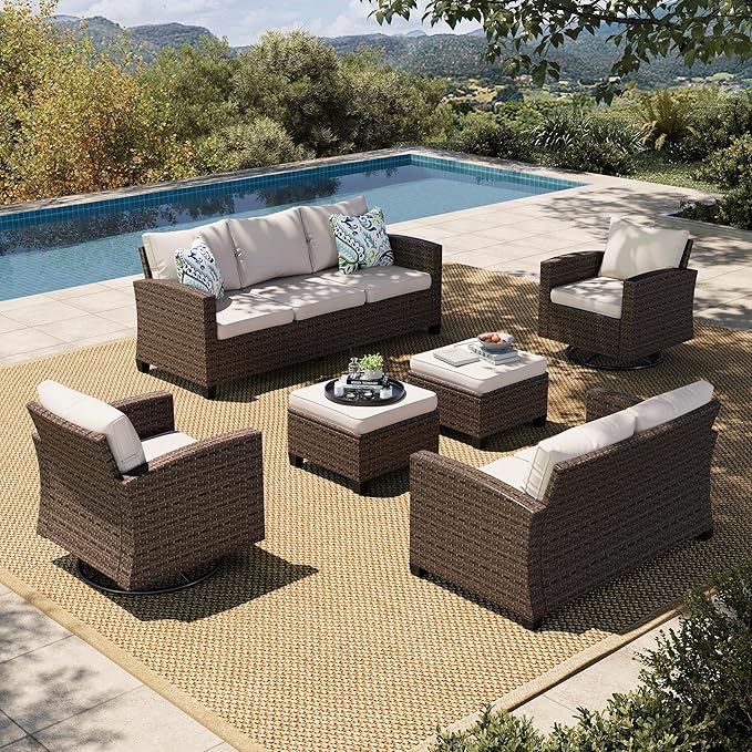 HERA'S HOUSE Outdoor Patio Furniture Set with Swivel Glide Chairs, 6 Pieces Wicker Patio Conversation Sofa Sets for Backyard Porch Deck, Beige