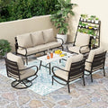 PHI VILLA 6 Piece Patio Furniture Sets with 1 x 3 Seater Padded Deep Seating Bench, 2 x Swivel Cushioned Sofa Chairs, 2 x Leg Sofa Chairs and 1 x Coffee Table, Outdoor Metal Furniture Set for 7