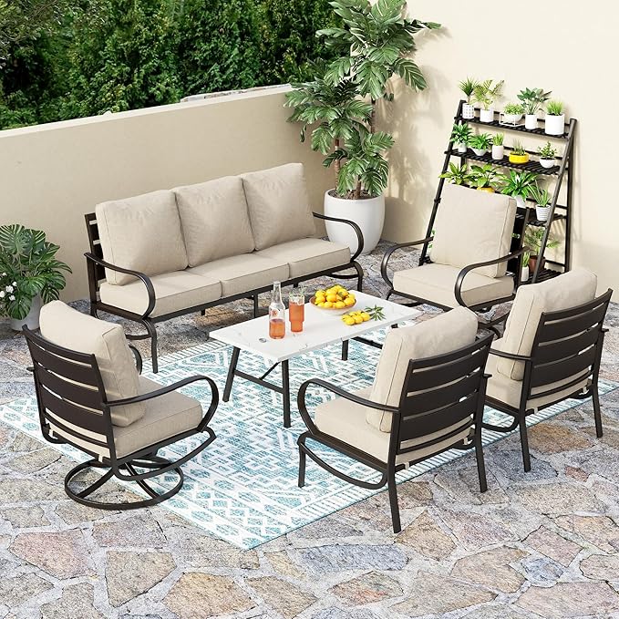 PHI VILLA 6 Piece Patio Furniture Sets with 1 x 3 Seater Padded Deep Seating Bench, 2 x Swivel Cushioned Sofa Chairs, 2 x Leg Sofa Chairs and 1 x Coffee Table, Outdoor Metal Furniture Set for 7