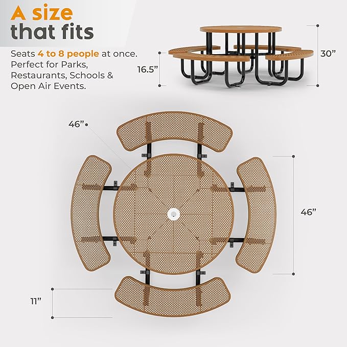 Metal Picnic Tables for Outdoors with Umbrella Hole - Coated Steel Heavy Duty Commercial Grade Furniture Set with Adjustable Seats (Brown, 46 in, Round, Punched Steel)