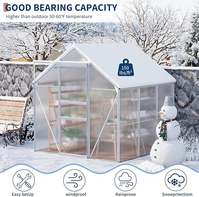 GarveeHome 6 x 6 FT Polycarbonate Greenhouse, Winter Greenhouses for Outdoors with Aluminum Frame, Sliding Door, Adjustable Roof Vent, Backyard Green Houses, Patio Garden, Silver