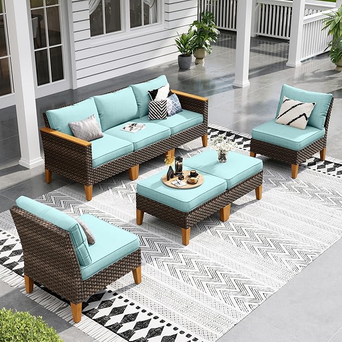 Sophia & William 7 Piece Patio Furniture Sets, Sectional Outdoor Rattan Wicker Sofa, All Weather Patio Conversation Set for Deck Backyard Lawn, Outdoor Couch, Blue